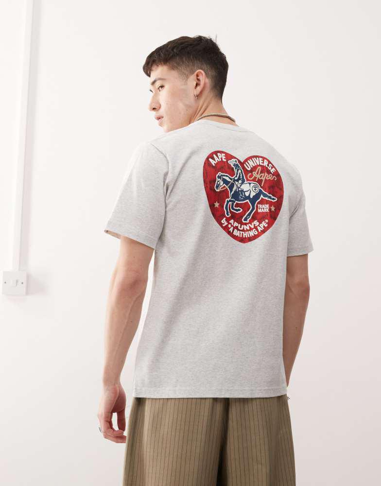 AAPE Aape by A Bathing Ape heart back print logo t-shirt in grey marl