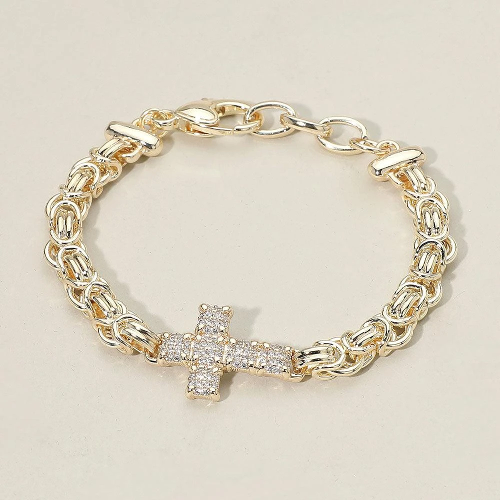 FASHNZFAB 14K Gold Plated CZ Stone Paved Cross Accent Abstract Chain Bracelet