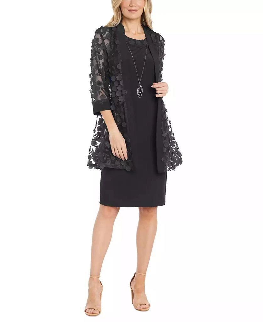 R & M Richards Petite 3D Floral Mesh Jacket & Necklace Dress Set 1