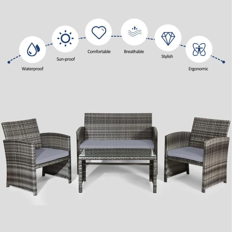 Hivvago 4 Pieces Patio Rattan Furniture Set with Glass Table and Loveseat-Gray 3