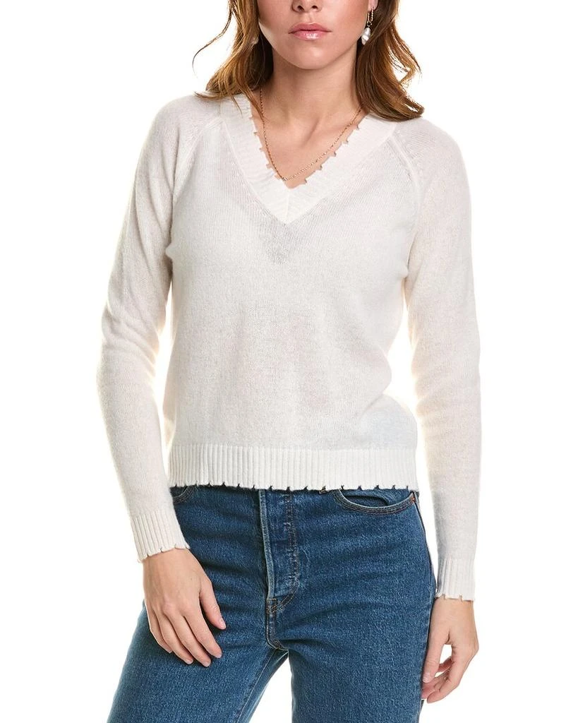 Minnie Rose Distressed Trim Cashmere Sweater 1