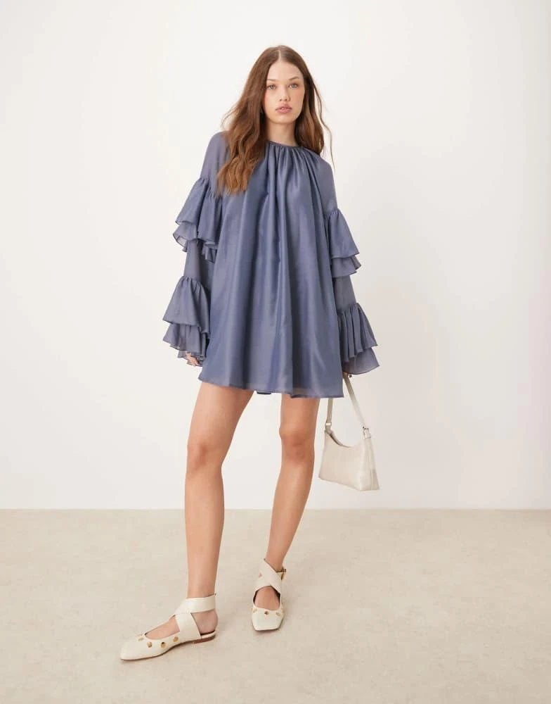 ASOS ASOS DESIGN frill sleeve voile mini dress in slate blue 1