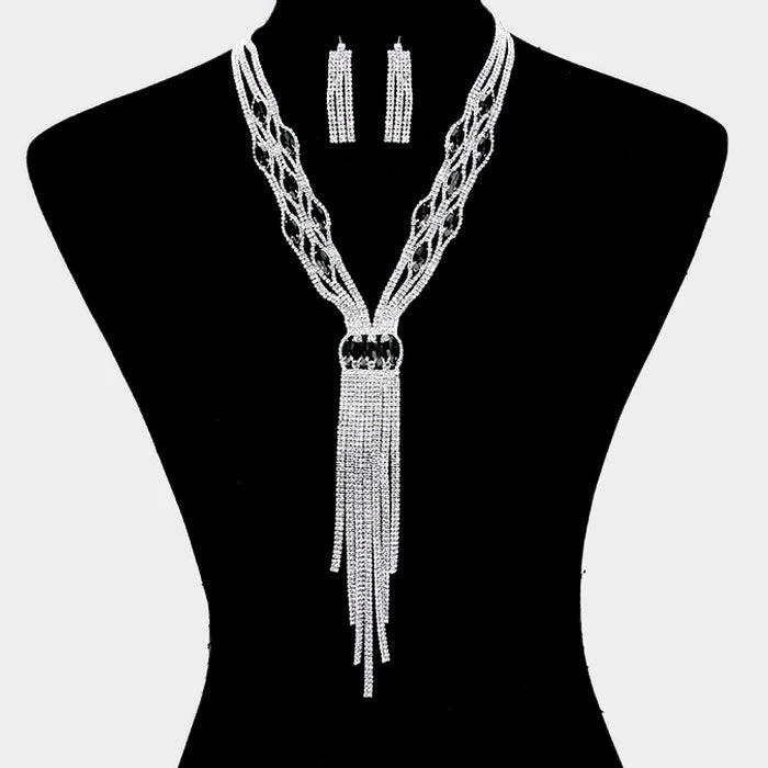 FASHNZFAB Rhinestone Trim Crystal Oval Fringe Necklace 5