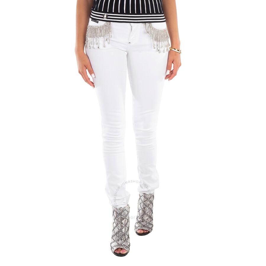 Philipp Plein White Slim Fit Rhinestone Fringe Denim Jeans