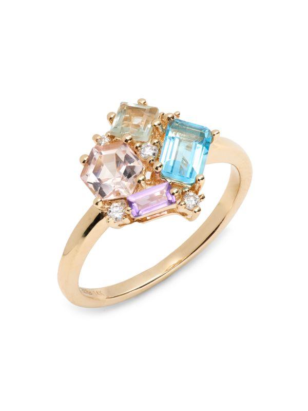 Effy 14K Yellow Gold, 0.07 TCW Diamond & Multi-Stone Cluster Ring