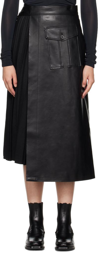 LVIR Black Pleated Faux-Leather Midi Skirt