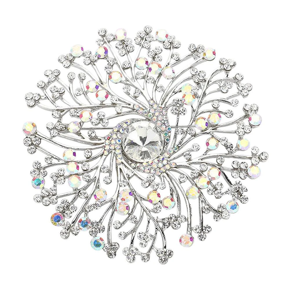 FASHNZFAB Round Stone Centered Rhinestone Embellished Branch Flower Pin Brooch 2