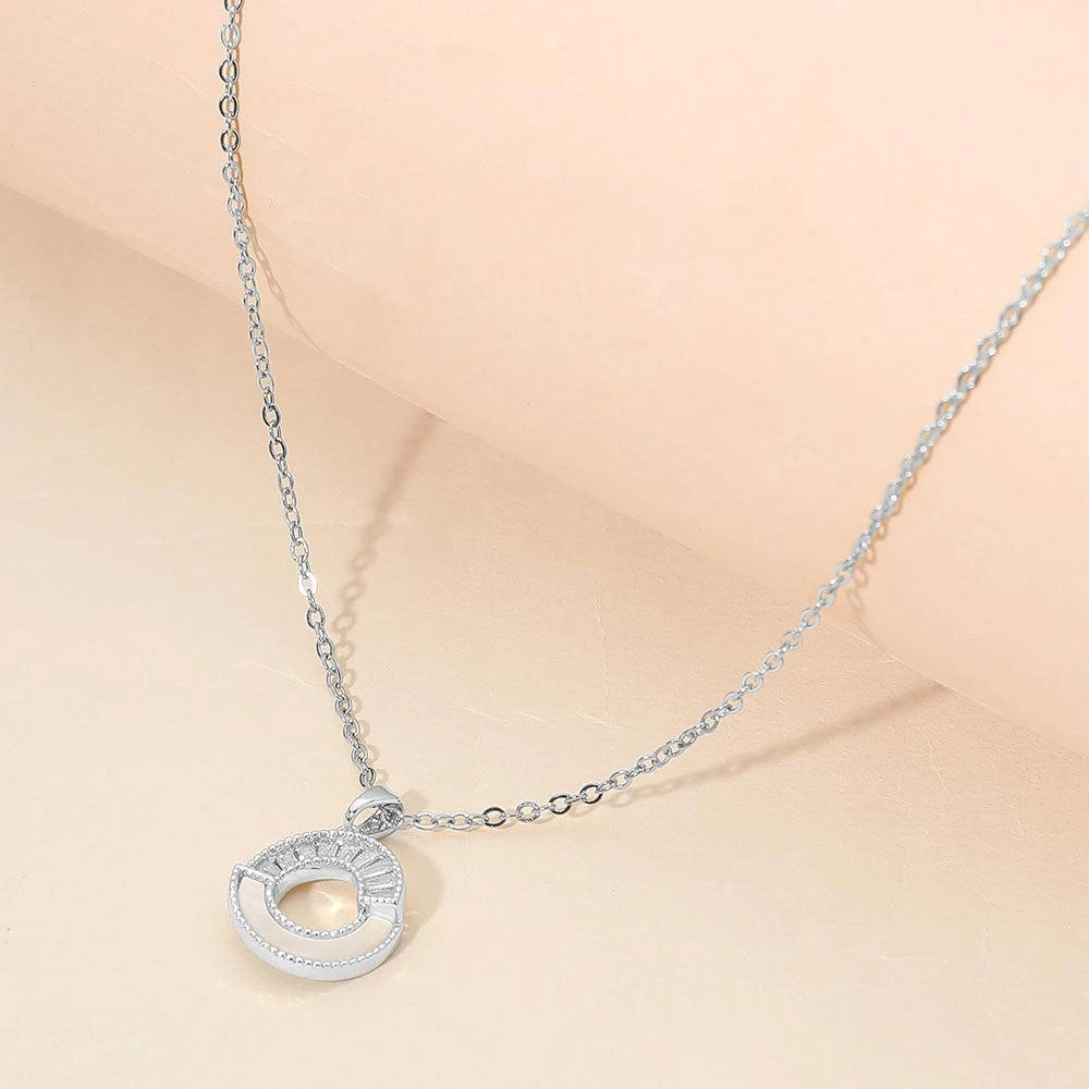 FASHNZFAB Stainless Steel CZ Pave Mother of Pearl Detail Open Circle Pendant Necklace