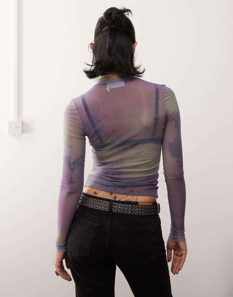 Weekday Weekday mesh long sleeve top in purple fade print