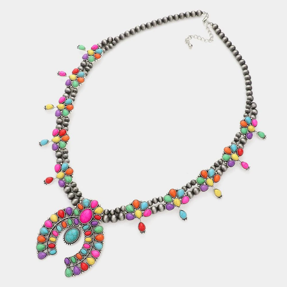 FASHNZFAB Natural Stone Embellished Squash Blossom Navajo Bead Necklace 2