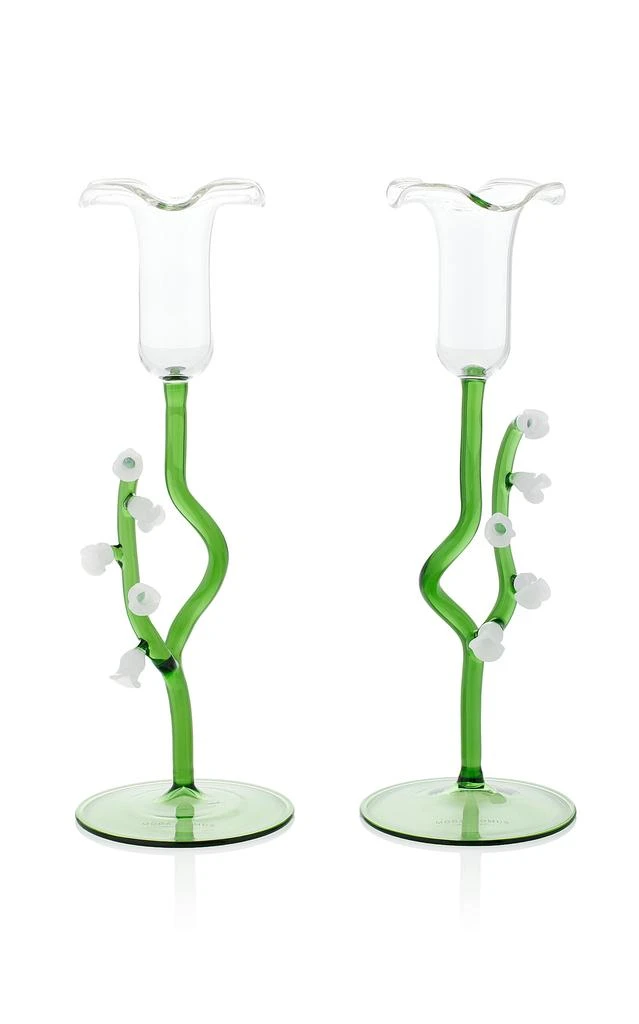 MoDA Moda Domus - Lily of the Valley Set-of-Two Glass Candlesticks - Green - Moda Operandi
