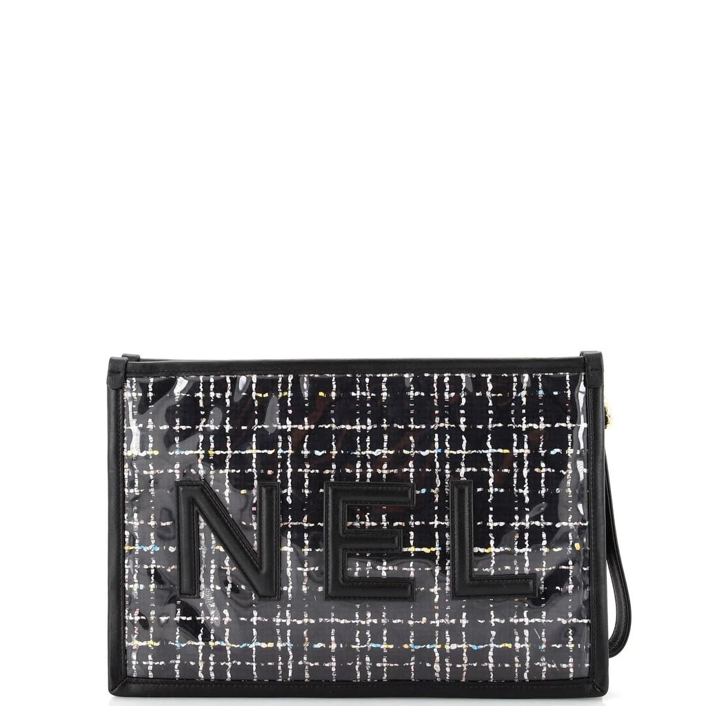 Chanel Logo Wristlet Clutch PVC Over Quilted Tweed Large 4