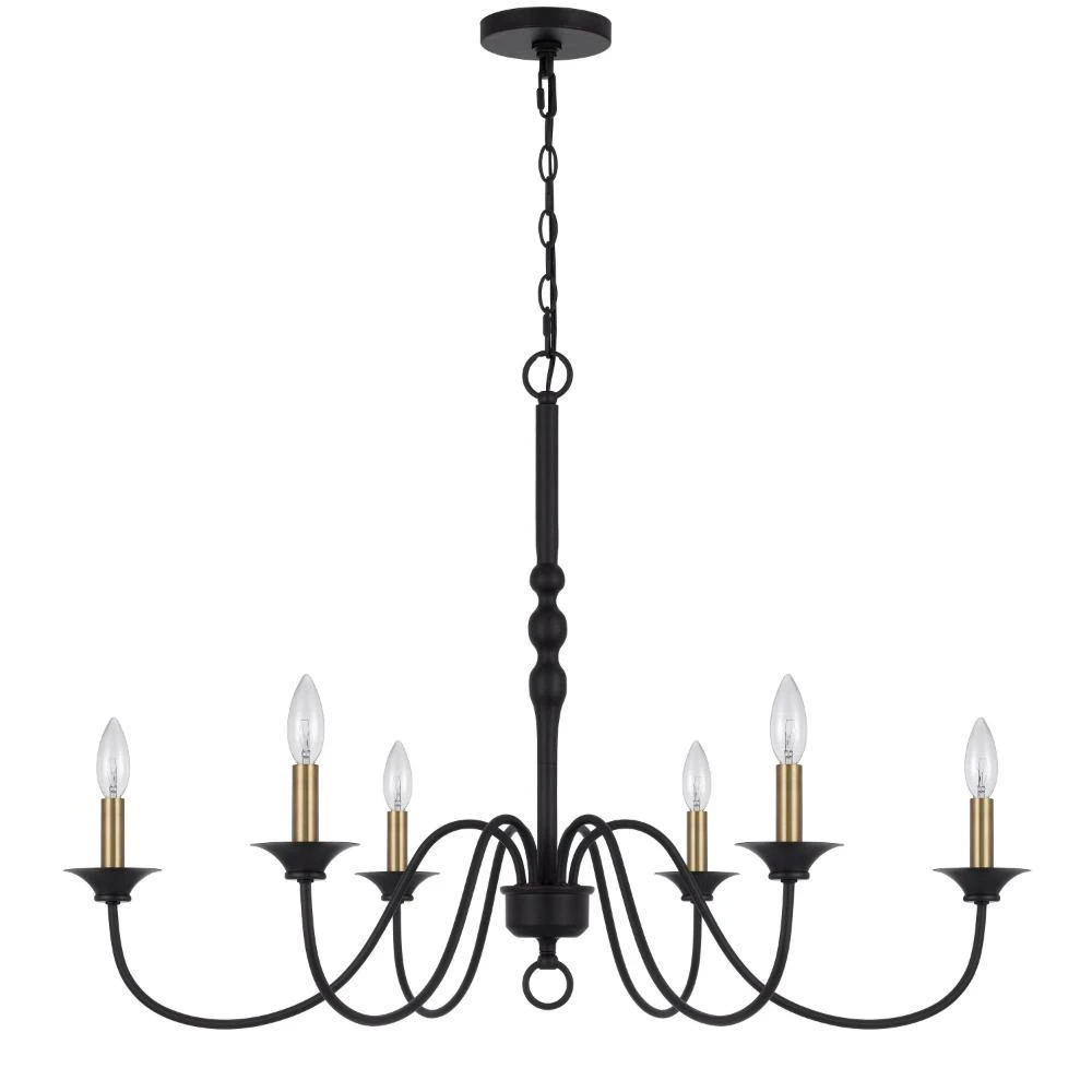 Hivvago Rino 36 Inch Chandelier, Brass Candelabra Sleeve Accents, Black Metal