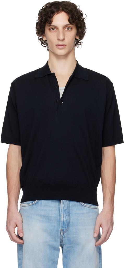 Shop Navy Super High Gauge Cotton Knit Polo on Sale at