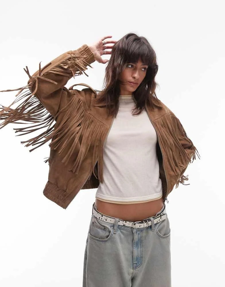 Topshop Topshop Premium real suede fringe jacket in sand 4