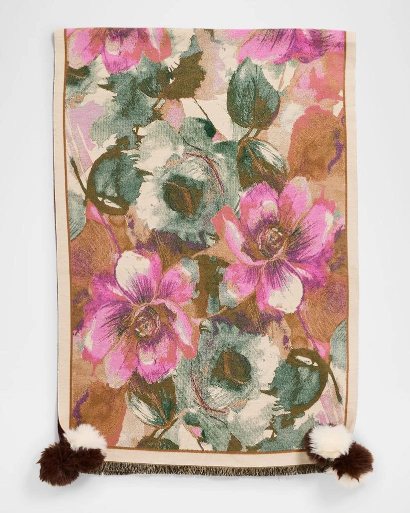 La Fiorentina Floral-Print Scarf W/ Faux Fur Poms 1