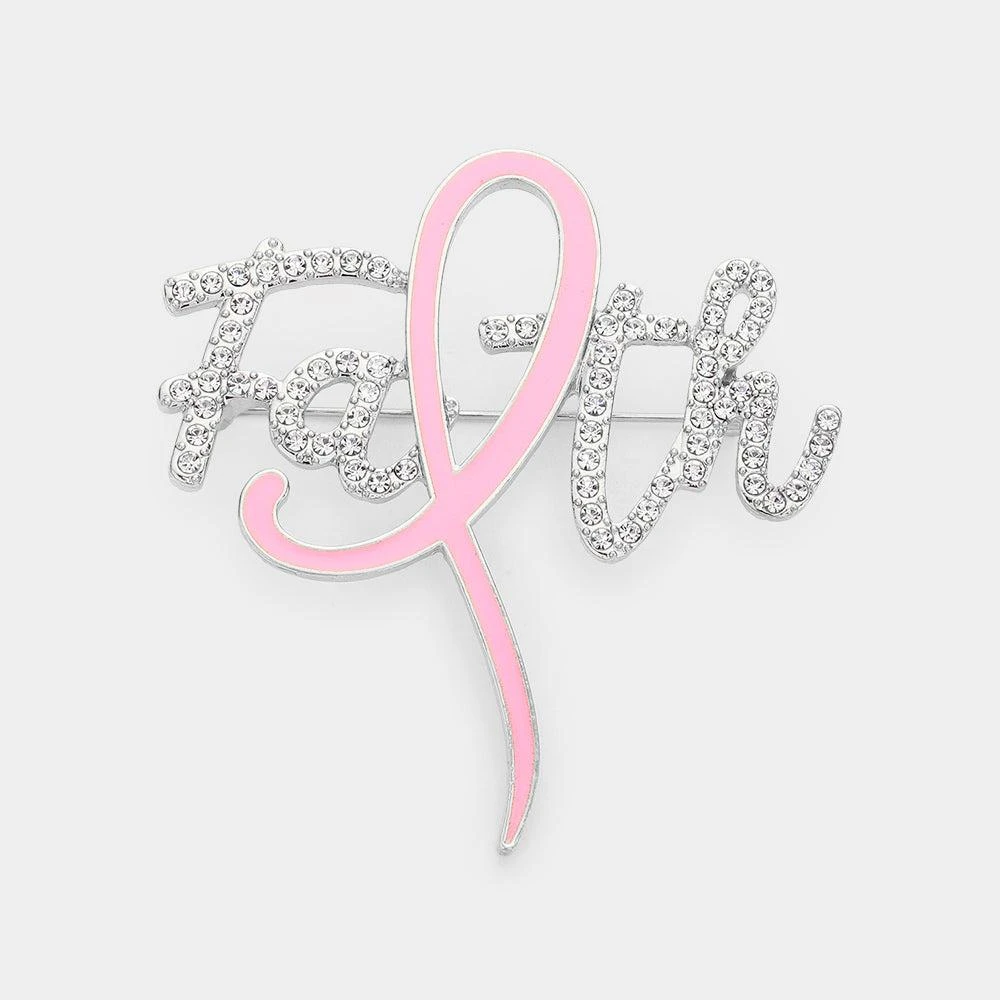 FASHNZFAB Enamel Metal Pink Ribbon Pointed Faith Message Pin Brooch