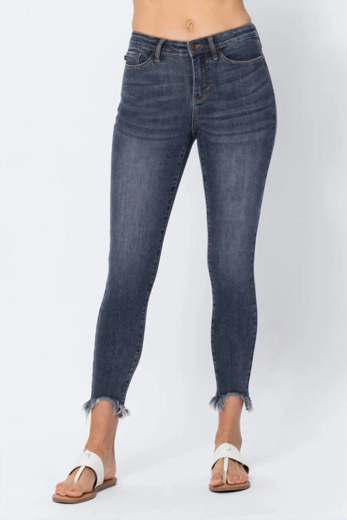 Judy Blue Mid-Rise Shark Bite Hem Skinny Jeans In Dark Blue 1