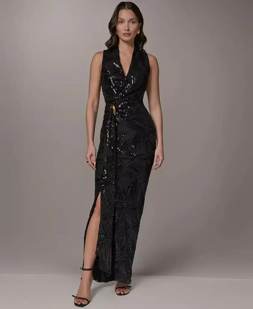Donna Karan Women's Sequin Mesh V-Neck Long Wrap Dress