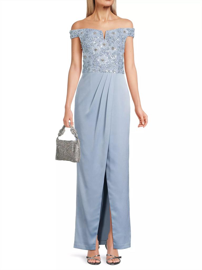 Aidan Mattox Beaded Off-the-Shoulder Column Gown