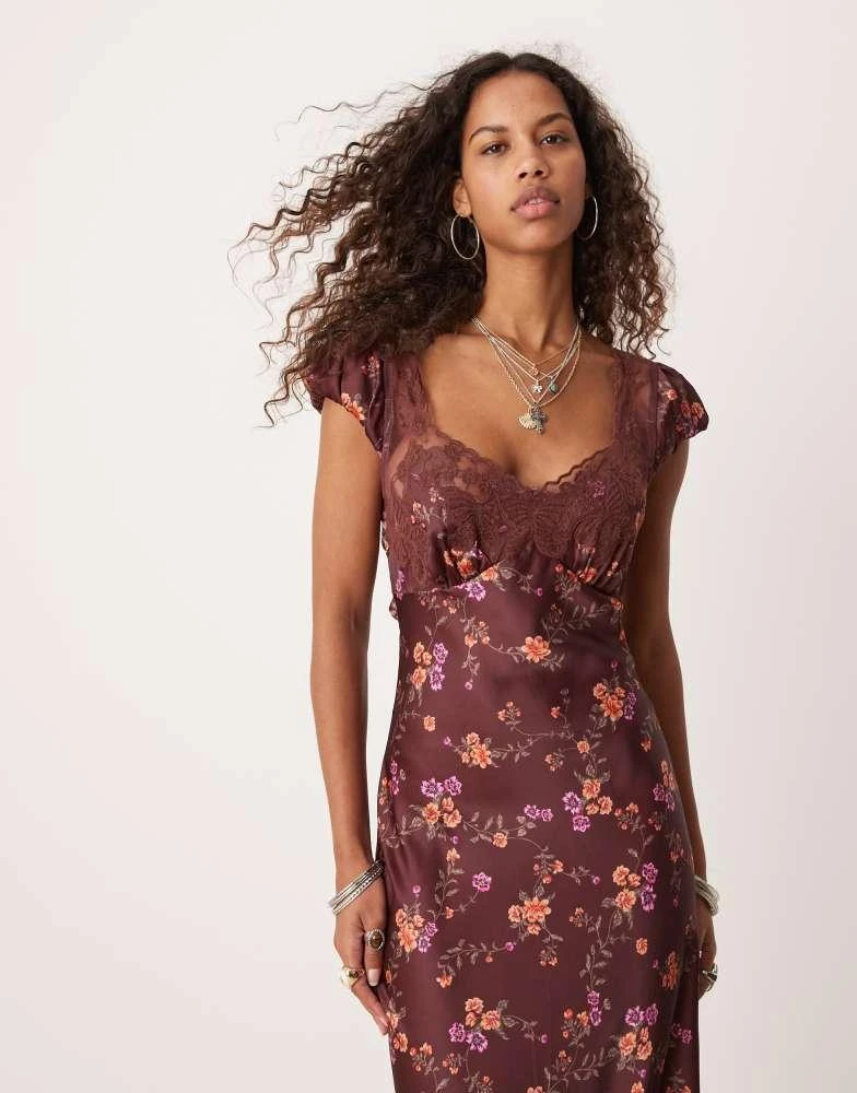 Free People Free People butterfly babe floral print satin midaxi dress in brown 2