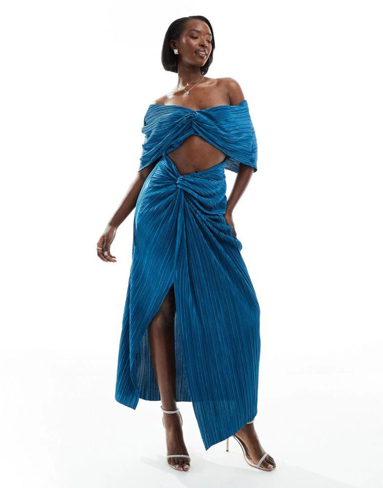 ASOS ASOS DESIGN two in one fallen shoulder plisse maxi dress in petrol blue 1