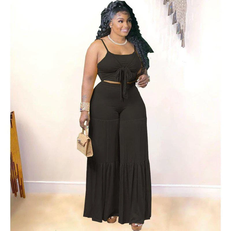 Vigor Trendy Casual Plus Size Women Summer Tank Top And Flare Pants Two Piece Set Fat Lady Outfit 2