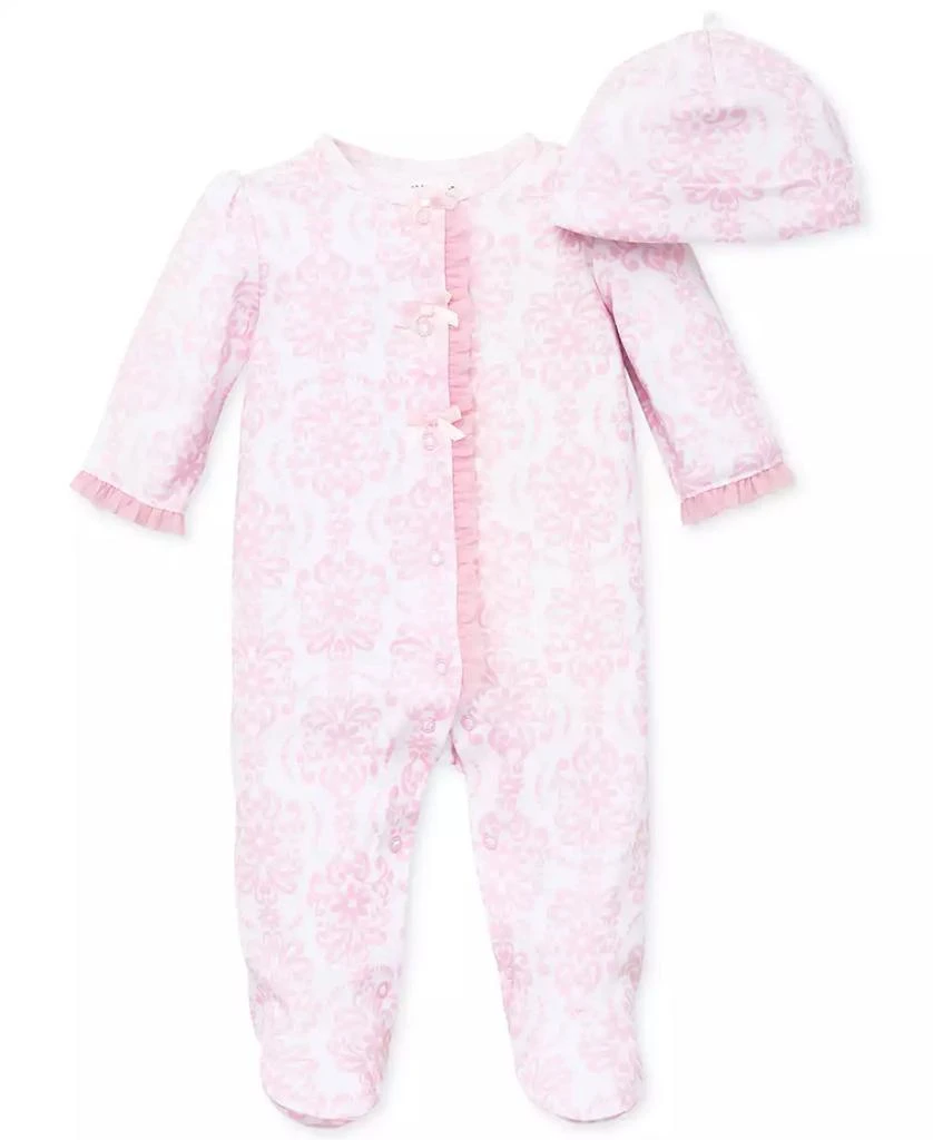 Little Me Baby Girls Damask Footed Coverall and Hat, 2 Piece Set 1