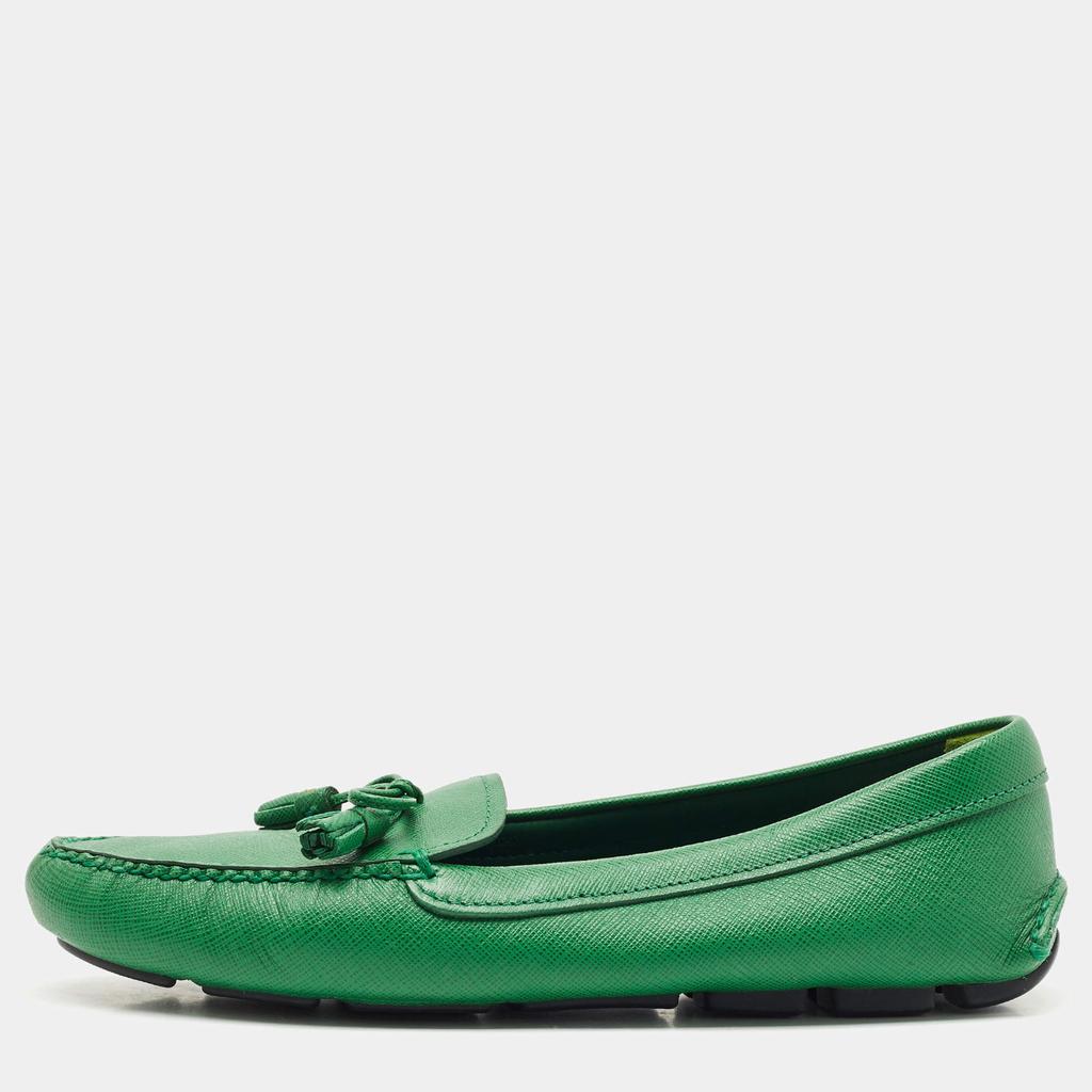 Prada Prada Green Saffiano Leather Bow Slip On Loafers Size 38