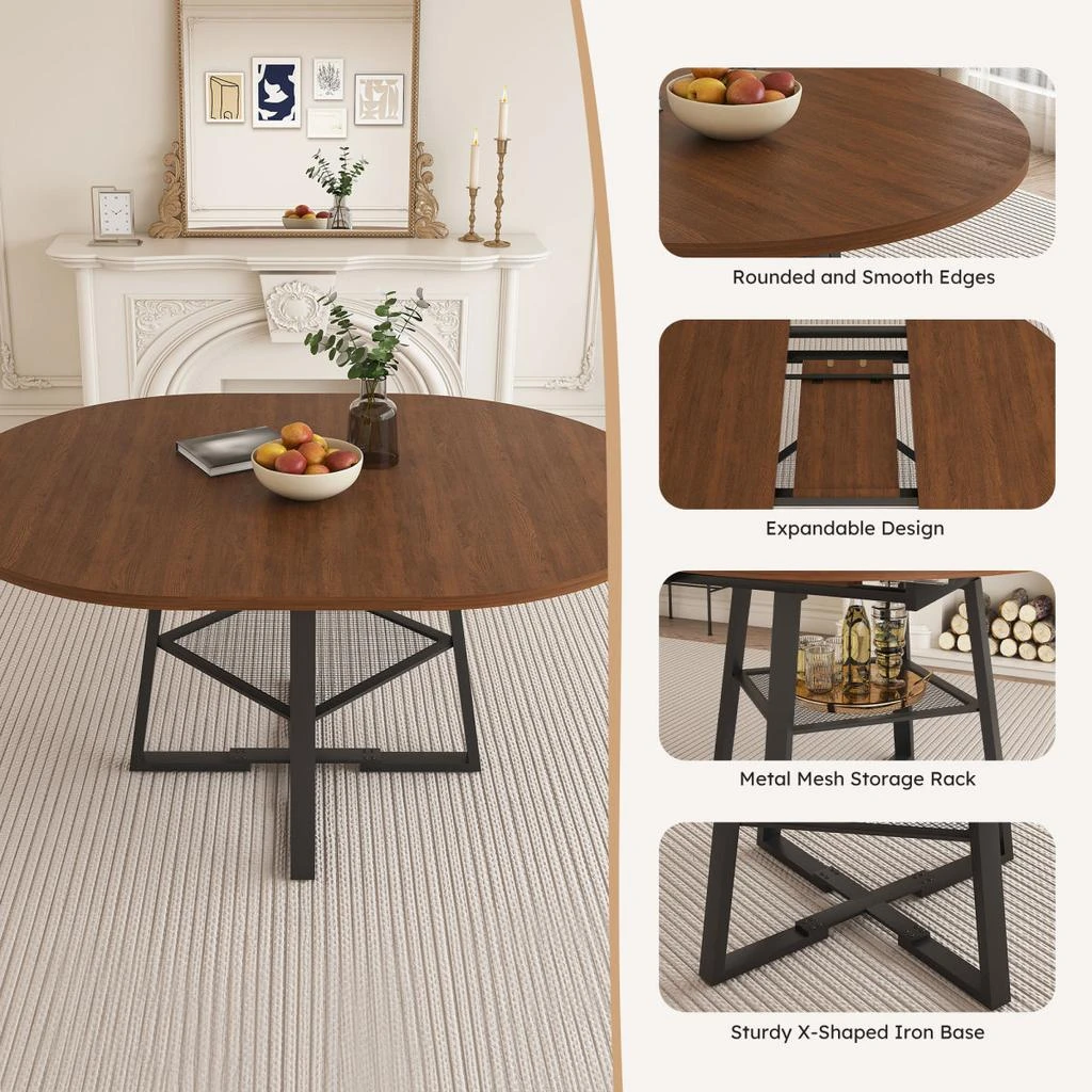 Streamdale Furniture Streamdale 47" Extendable Round Dining Table with Storage, Walnut Finish 
Metal Frame 6