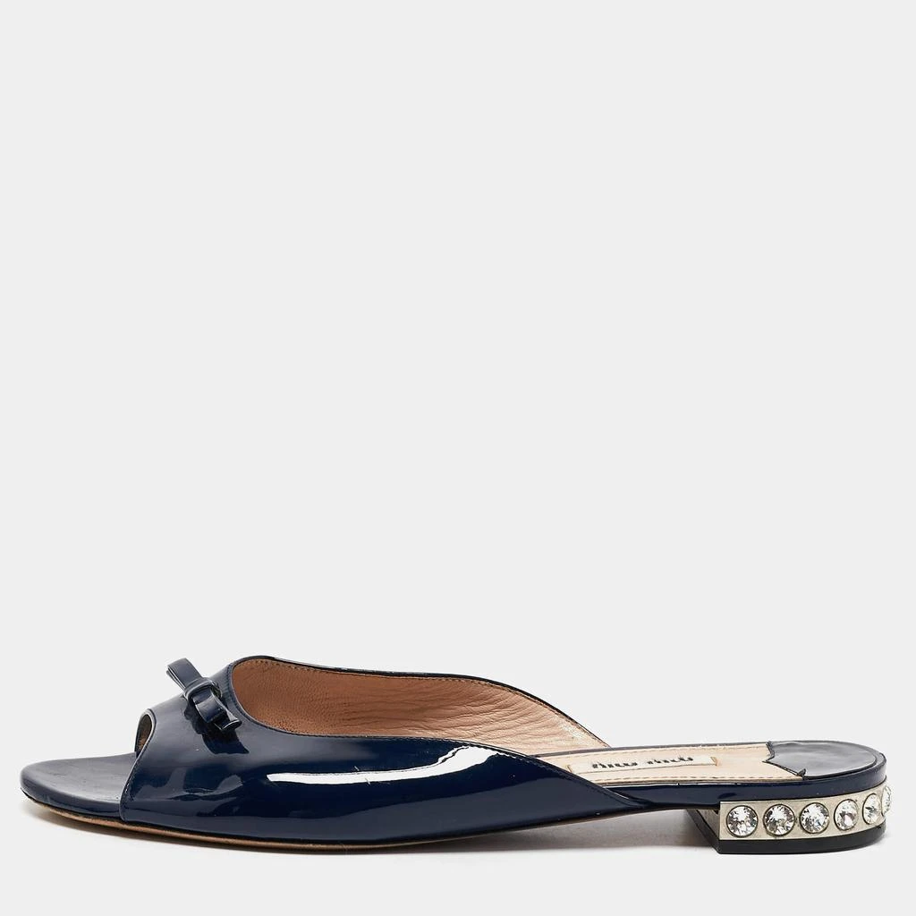 Miu Miu Miu Miu Blue Patent Leather Crystal Embellished Bow Flat Slides Size 38.5 1