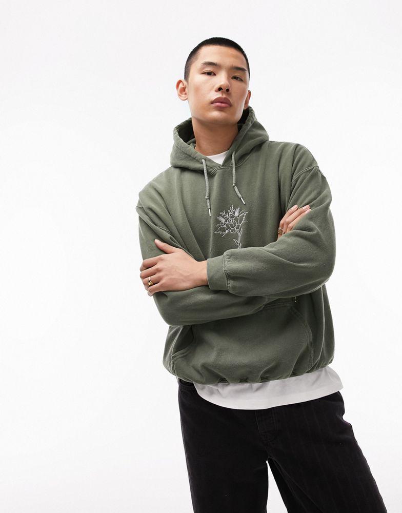Topman Topman oversized fit hoodie with rose tattoo in washed green