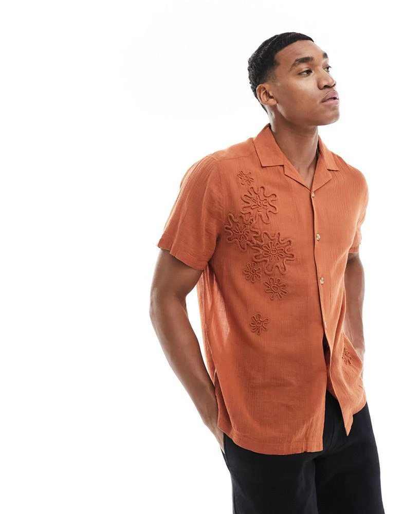 ASOS ASOS DESIGN short sleeve relaxed revere shirt with embroidery in rust brown 1