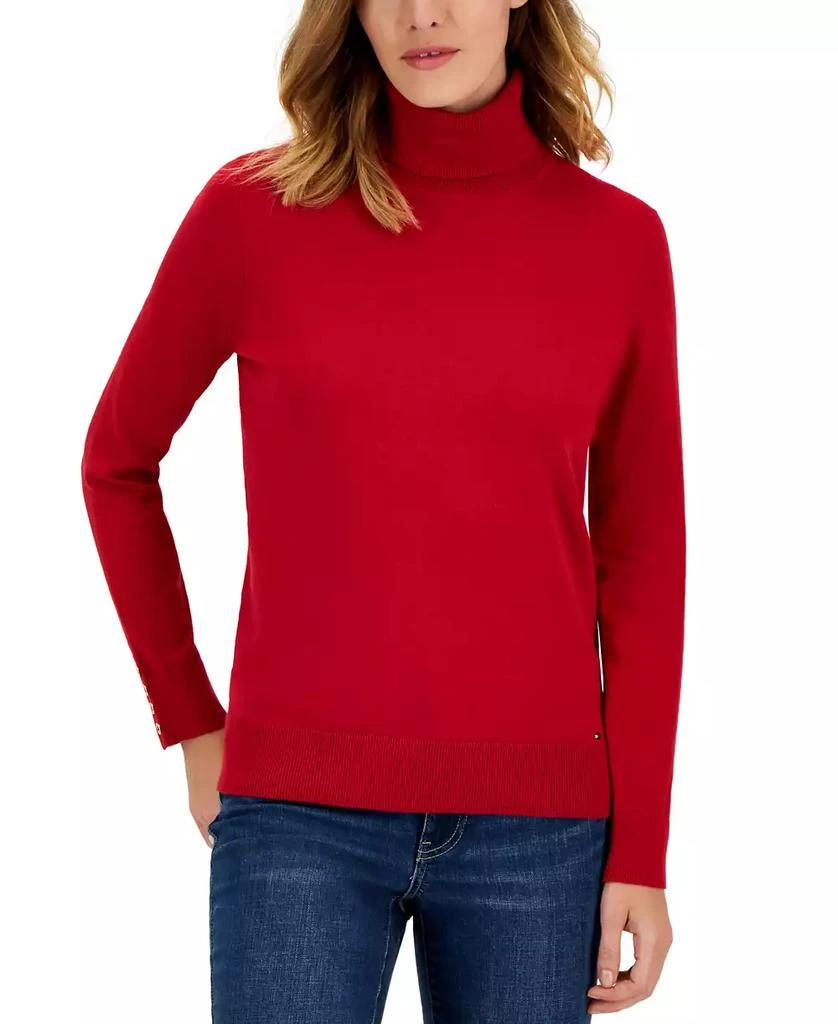 Tommy Hilfiger Women's Cotton Solid Button Cuff Turtleneck Sweater 1