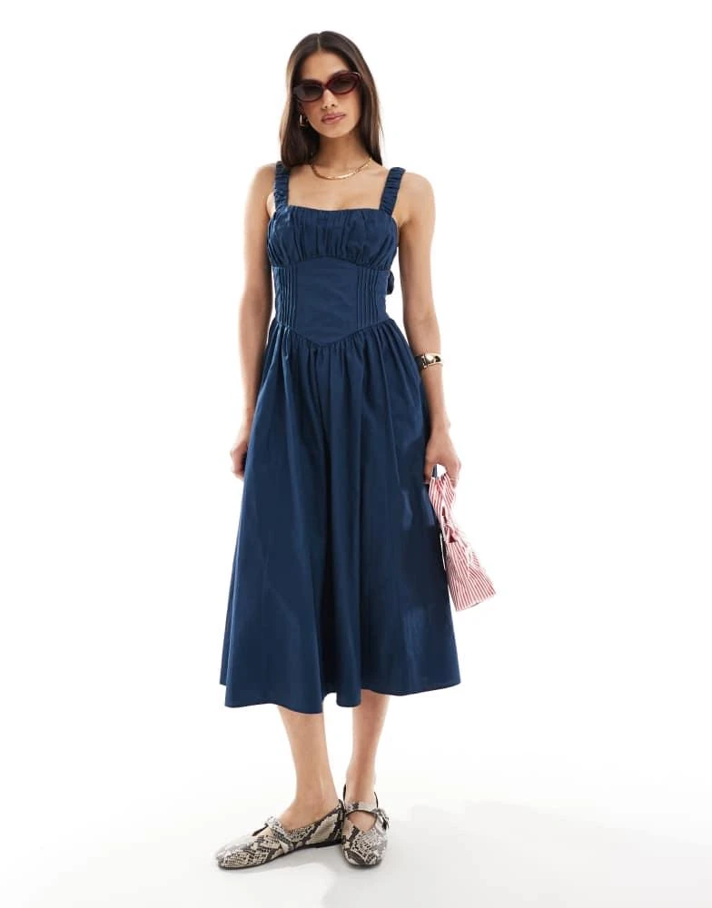 ASOS ASOS DESIGN lace up corset midi dress with full skirt in navy 2