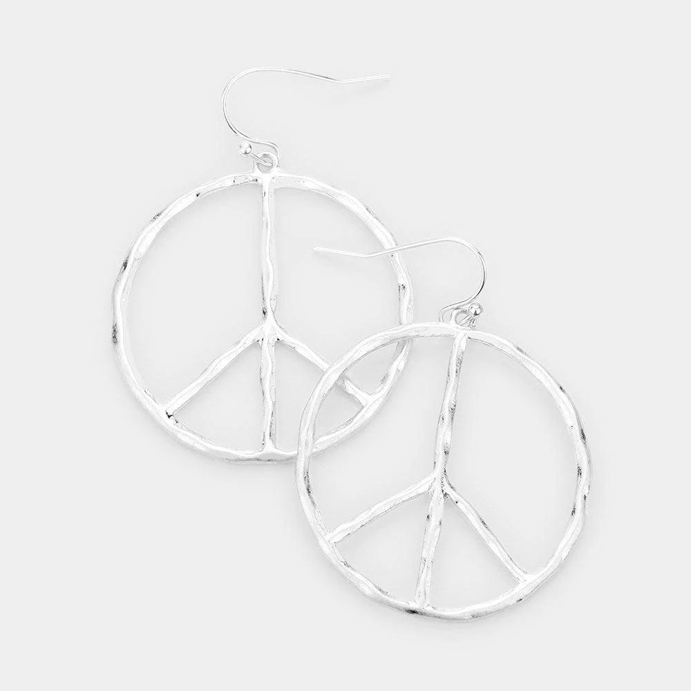 FASHNZFAB Metal Peace Mark Dangle Earrings - Worn Silver