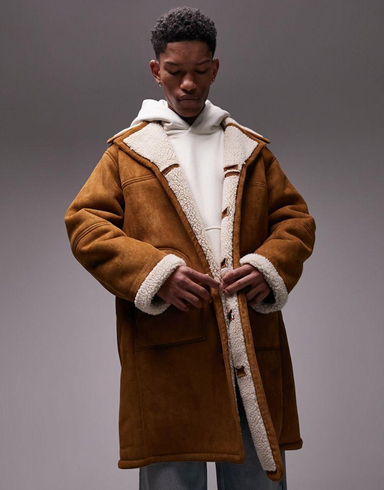 Topman Topman faux shearling coat in tan