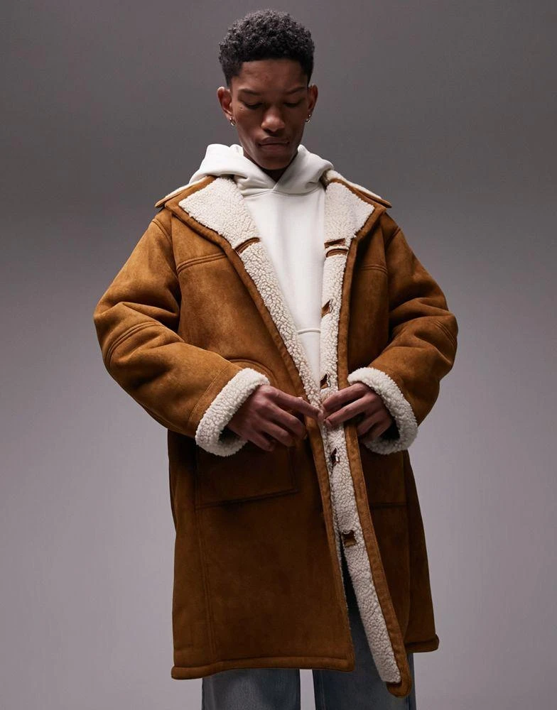 Topman Topman faux shearling coat in tan 1