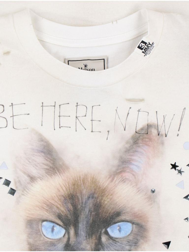 Maison Mihara Yasuhiro Cat Printed Embellished Distressed T-Shirt