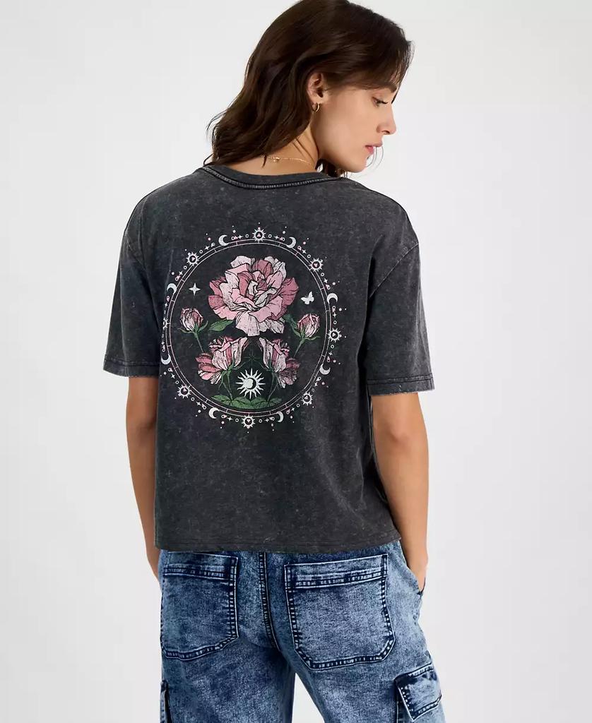 Rebellious One Juniors' Celestial Rose Mineral Wash Graphic T-Shirt