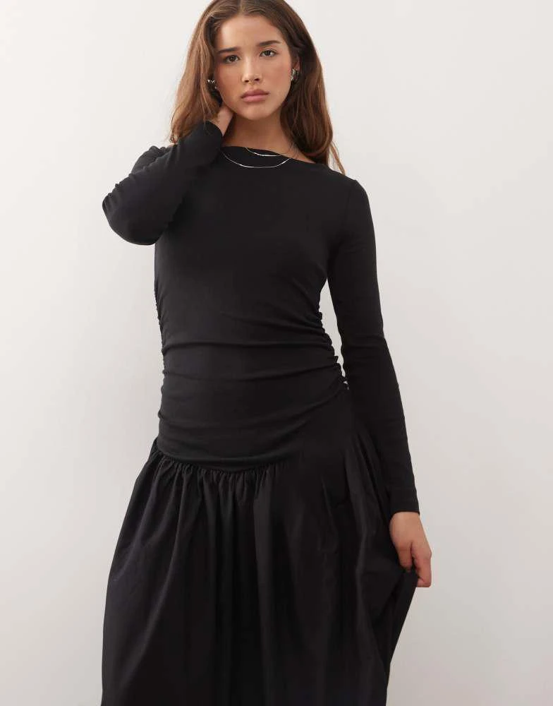 Reclaimed Vintage Reclaimed Vintage long sleeve midi dress with contrast  skirt and ruching detail in black - Dresses & Skirts - BeyondStyle
