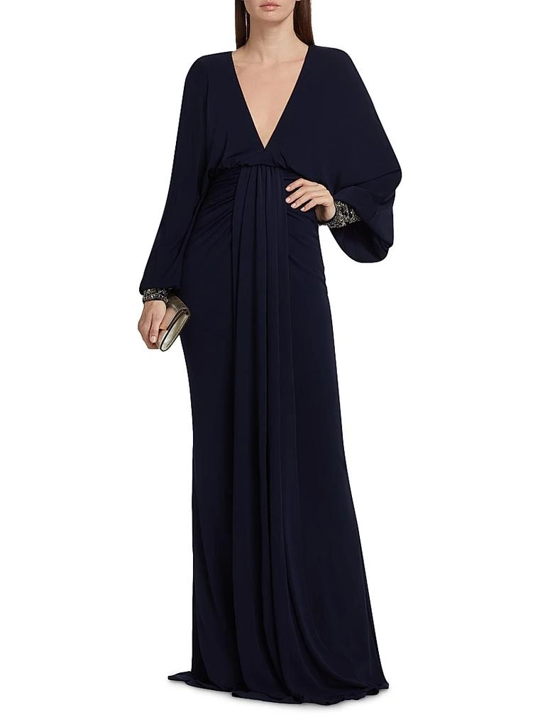 Badgley Mischka V-Neck Draped Beaded Gown 3