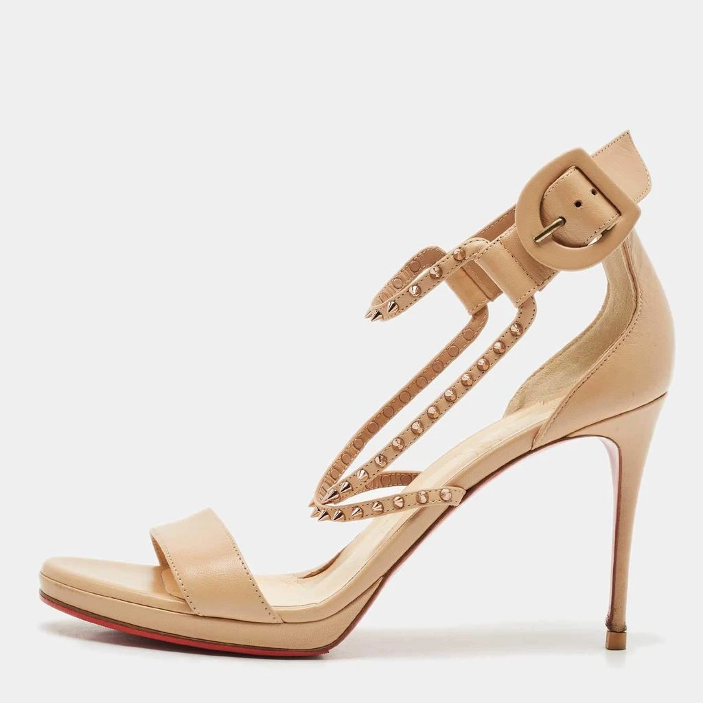 Shop Christian Louboutin Beige Leather Spike Choca Lux Sandals