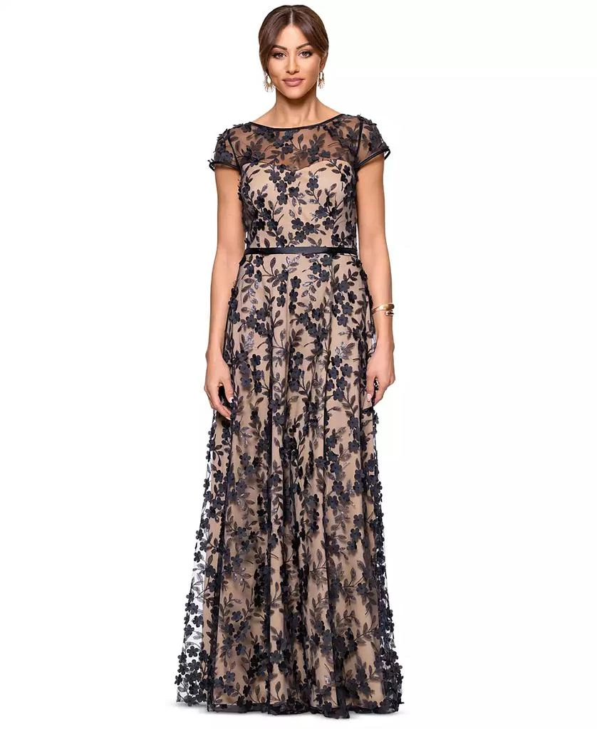 XSCAPE Petite Short-Sleeve Boat-Neck Embellished-Overlay Gown 1