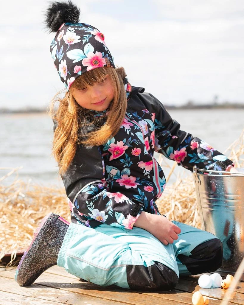 Deux par Deux Stretch Jersey Hat Black Printed Flowers with Pompom 2