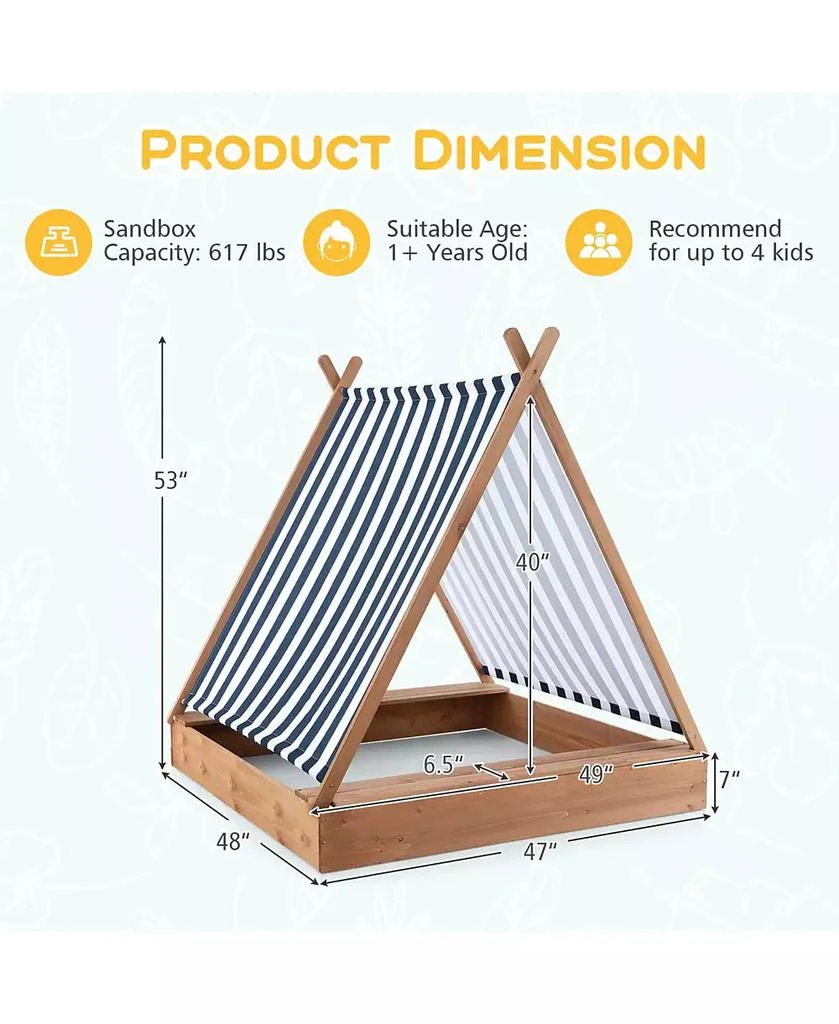 Costway Wooden Sandbox with Canopy Tent Design Fir Wood Frame 2 Bench Seats Bottom 3