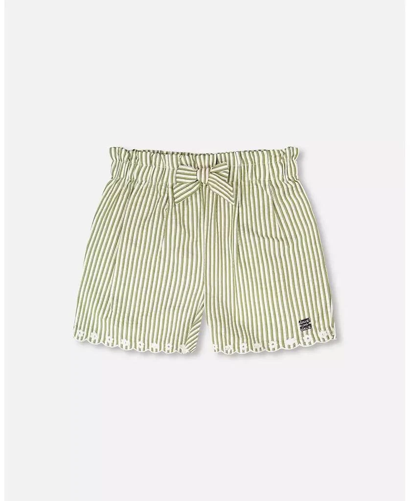 Deux par Deux Big Girls Shorts Green and Off White Stripes with Embroidery