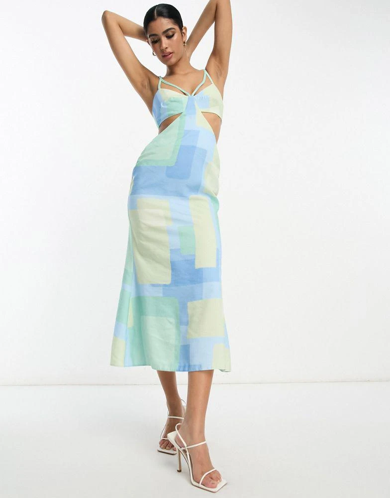 ASOS DESIGN ASOS DESIGN washed multi strap cut out midi dress in aqua geometric print 3