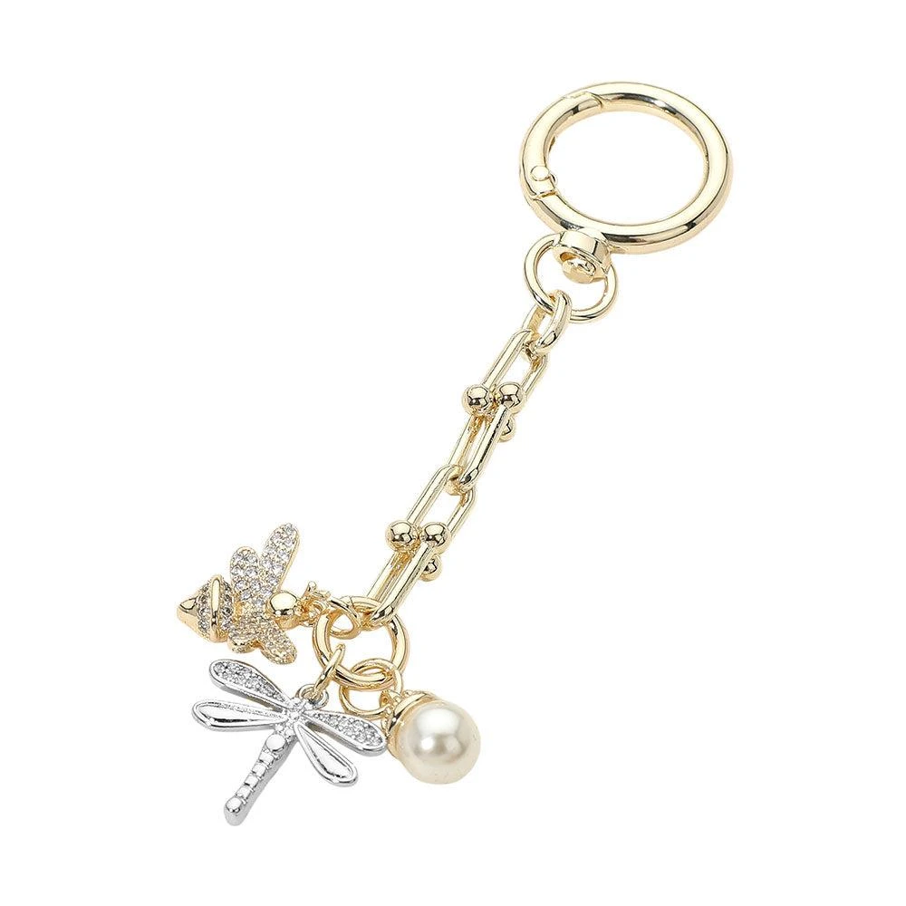 FASHNZFAB 14K Gold Plated CZ Pave Dragonfly Honey Bee Pearl Charm Drop Keychain Bag Charm 2