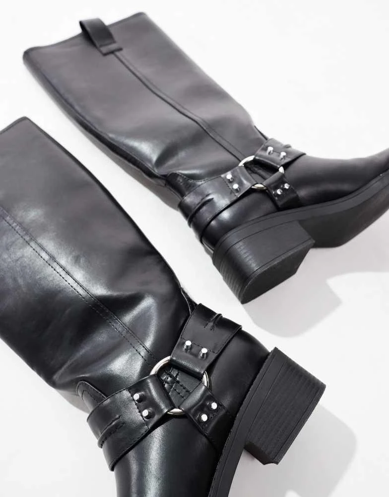 ASOS ASOS DESIGN Camila flat biker harness knee boots in black 4